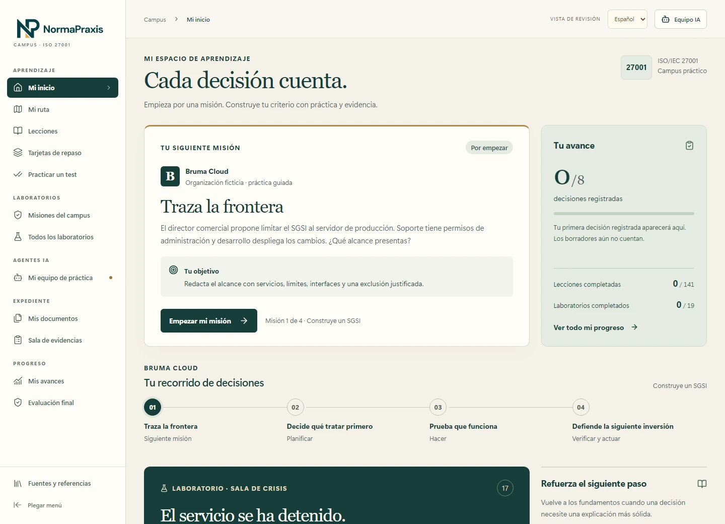 Inicio del campus NormaPraxis con datos de demostración.